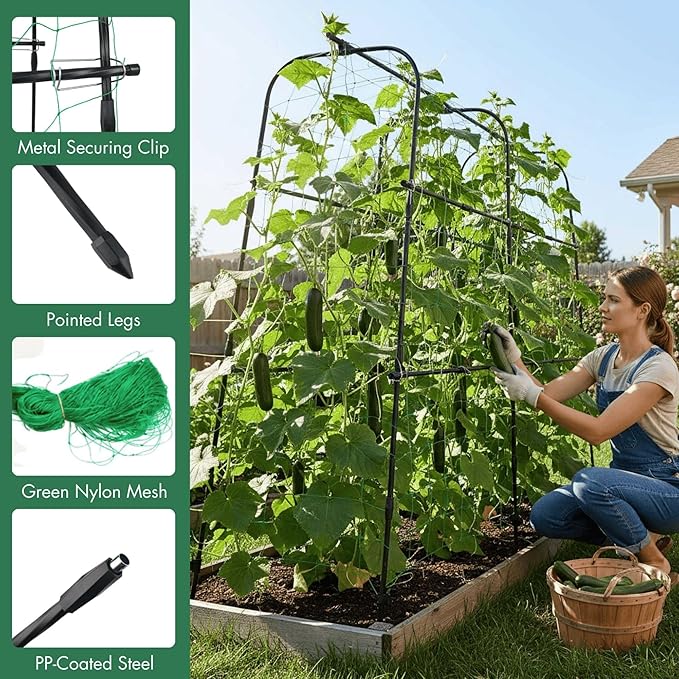 Cucumber Trellis Arch 5.3FT Black PP Coated Stainless Steel Garden Arch Trellis for Climbing Plants Outdoor, Garden Vegetable Trellis for Climbing Plants with Netting