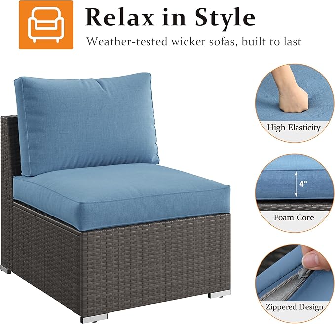 Wisteria Lane 2 Piece Patio Armless Sofa, Outdoor Wicker Sectional Furniture with Cushion, Additional Loveseats for Garden Backyard, Blue