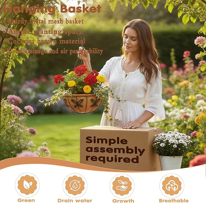 12 inch Metal Hanging Baskets For Plants Outdoor 4 Pack Round Metal Wire Hanging Basket Planter with Coco Fiber Liners Chain Round Wire Plant Holder for Garden, Patio, Deck, Porch Plants Flower Potss