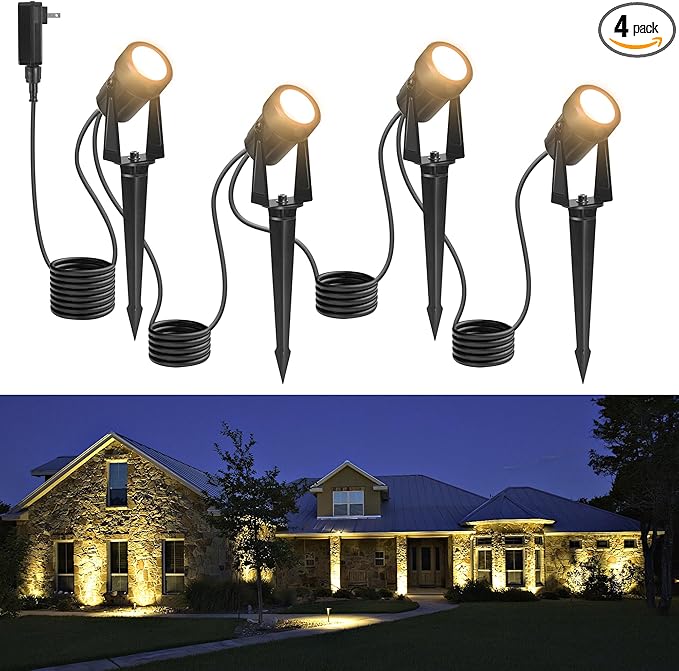 Outdoor Landscape Lighting Waterproof with 45.9FT Cable & built-in LED Light, Low Voltage 12W 1200LM Plug in Electric LED Spot Light 3000K Uplight with Transformer for Garden Yard Tree Path, Pack of 4