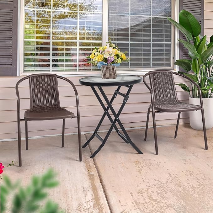 VINGLI PE Rattan Outdoor Dining Chairs Set of 1, Plastic Stackable Patio Chairs for Indoor, Porch, Restaurant, Garden, Brown