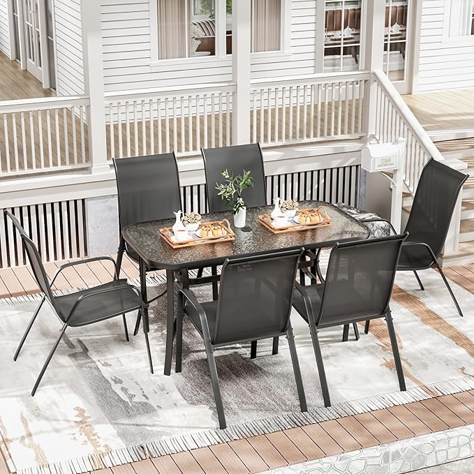 TLSUNNY 7 Pieces Patio Dining Set, Outdoor Table and Chairs W/1.69″ Umbrella Hole, 30"X 55" Table and Stackable Textilene Chair, All Weather Patio Furniture Set (Umbrella not Included) (Black)
