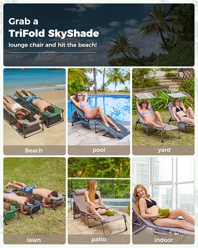 KingCamp Tanning Chair with Face Hole, Lounge Chairs Outdoor Folding Comfy Adjustable 5-Position Foldable Chaise Chaser with Canopy Shade for Outside Beach Patio Sun Bathing Pool, Grey