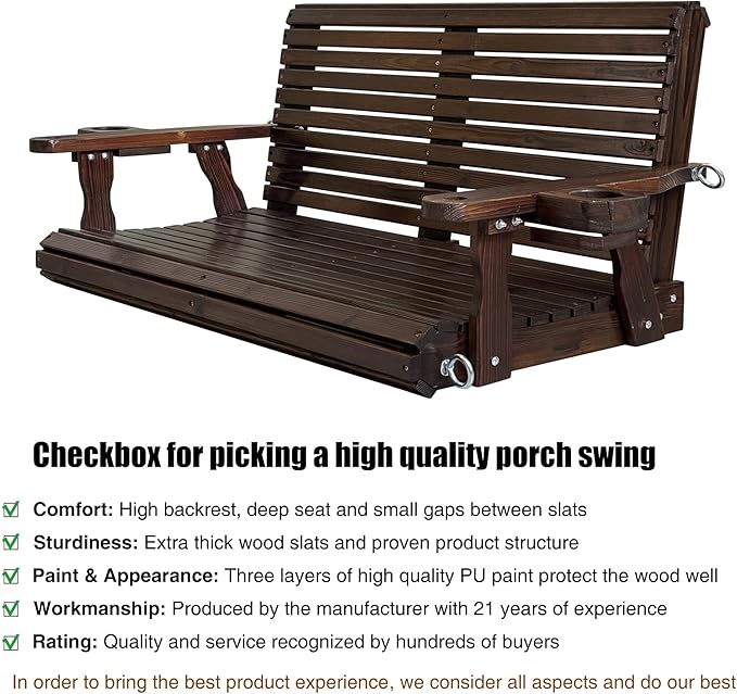 Wooden Porch Swing 2-Seater, High Backrest and Deep Seat, Bench Swing with Cupholders, Hanging Chains and 7mm Springs, Heavy Duty 880 LBS, for Outdoor Patio Garden (Deep Brown, 4.5 feet Extra-Large)
