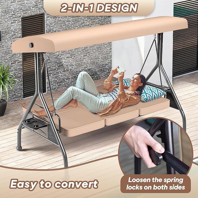 3 Seat Outdoor Porch Patio Swing with Stand 800lbs 2-in-1 Convertible Swing Bed with Adjustable Canopy & Removable Cushion for Yard Garden Deck (Khaki, Round Tube)