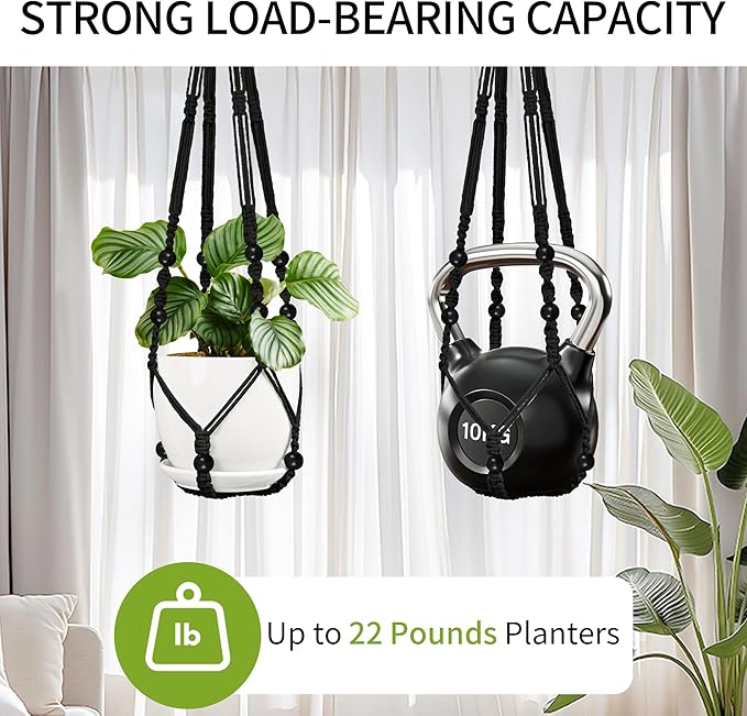 Macrame Plant Hanger - Fits 4 to 15 inches Pots for Indoor Outdoor, 43"/35"/29" Different Sizes Set, Black (POTS NOT Included)