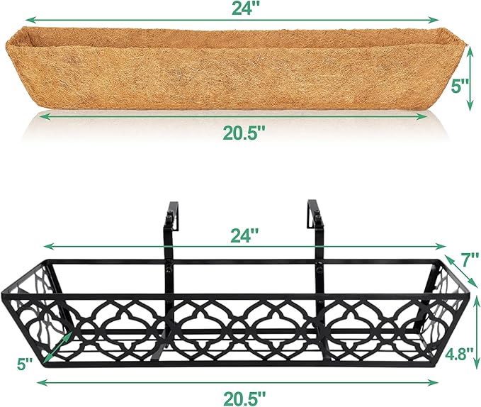 6pcs 24 Inch Window Deck with Coco Liner, 24" Window Boxes Horse Trough with Coconut Coir Liner, Metal Hanging Flower Planter Window Basket Deck Railing Planter Boxes for Outdoor Indoor Lawn