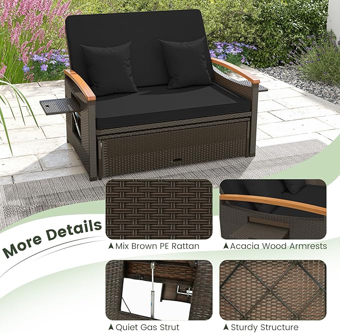 Tangkula Patio Rattan Daybed with 4-Level Adjustable Backrest, Outdoor Wicker Loveseat with Acacia Wood Armrest, Storage Ottoman & Folding Tray, Double Sunbed for Balcony, Backyard & Poolside (Black)