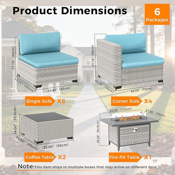 12-Seat Modern Outdoor Wicker Rattan Patio Furniture Set with 55,000 BTU Fire Pit Table, Thick 4″ Cushions, All-Weather Dual-Strand Rattan, Rust-Resistant Steel Frame,Blue