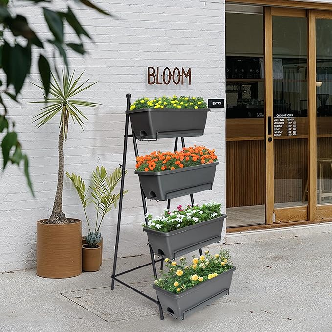 GENMOUS 4 Tier Raised Garden Bed Tall 45'' Vertical Elevated Garden Planter Standing Garden Bed Planter Box with Drainage Holes Removable Tray Outdoor Herb Planter Stand on Patio Balcony Porch Black