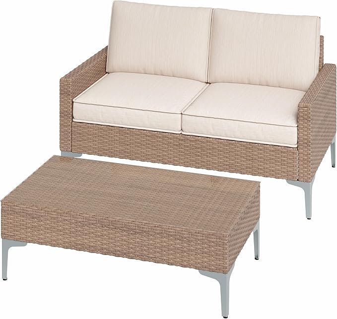 Jing's Villa 2-Piece Outdoor Sectional Set, All-Weather Wicker Patio Furniture with Loveseat & Tempered Glass Table, Comfortable Garden Conversation Set for Backyard, Poolside, Deck,Beige