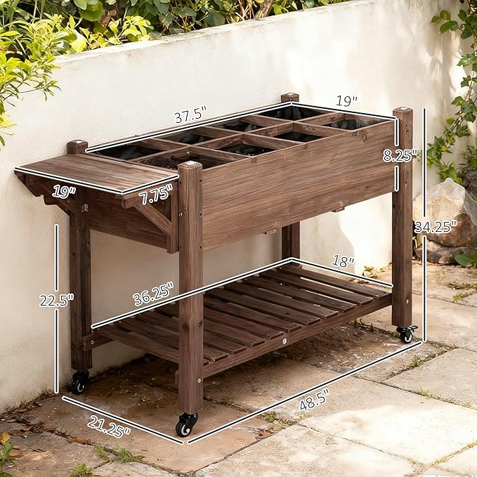 Outsunny Raised Garden Bed with 8 Grow Grids, Wooden Outdoor Plant Box Stand with Folding Side Table and Wheels, 49" x 21" x 34", for Vegetables, Flowers, Herbs, Brown