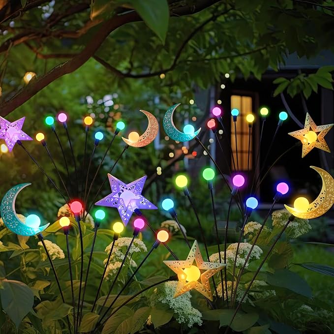 TAKE ME Solar Firefly Lights Outdoor Moon Star Sun Projection Stake Lights - Waterproof Solar Powered Garden Lights for Pathway, Yard, Patio Decor Color Changing
