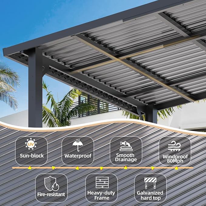 AECOJOY 12' x 8' Outdoor Hardtop Gazebo Pergola for Patio, Large 8x12 Galvanized Steel Heavy Duty Lean to Wall-Mounted Pergolas and Gazebos Clearance, Metal Patio Roof Awnings for Backyards, Decks