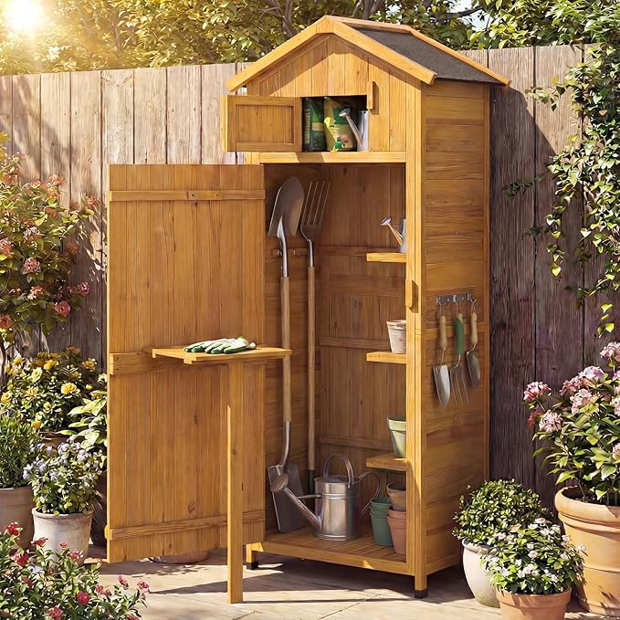 Goplus All-in-One Storage Shed, 70" Tall Wooden Lockable Cabinet w/Foldable Work Table, Vertical Utility Tool Organizer w/Shelves & Hooks, Waterproof Garden Shed for Patio Backyard (Natural)