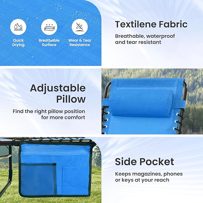 Folding Chaise Lounge Chair 2 Pack - 400lb Capacity, 5-Position Adjustable Recliner with Pillow | Portable for Patio, Pool, Camping & Sunbathing (Blue)