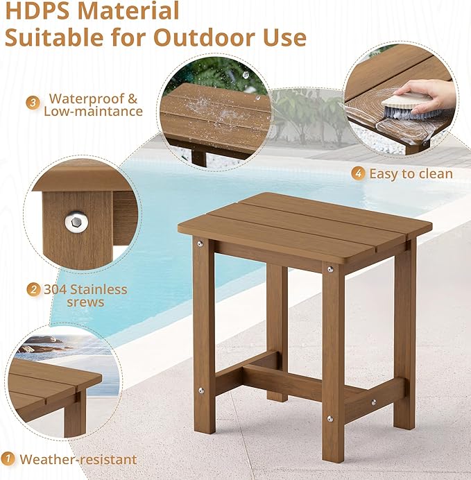 LUE BONA Outdoor Side Table, HDPS Small Outdoor Table, Adirondack Side Table, Outside End Table for Patio, Porch, Deck, Pool, Weather Resistant/Easy Maintenance/Indoor or Outside Use, Brown
