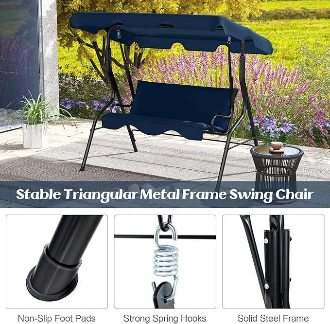 Tangkula 3 Person Porch Swing, Patio with Removable Cushion & Powder-Coated Steel Frame, Outdoor Swing with Canopy for Porch, Backyard, Garden, Balcony(Navy)