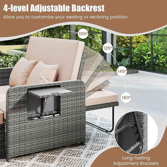 Tangkula Patio Rattan Daybed with 4-Level Adjustable Backrest, Outdoor PE Wicker Loveseat with Storage Ottoman & Folding Side Table, Double Sunbed for Balcony, Backyard & Poolside, Beige & Grey