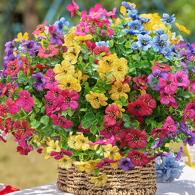 Artificial Flowers for Outdoor, UV Resistant Fake Silk Flowers, Realistic Faux Plants for Outside Indoor Porch Patio Window Box Planter Home Decor (20, Yellow Purple Rosy Red Blue)