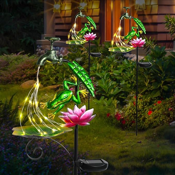 Solar Outdoor Lights Decorative Solar Frog Lights with Lotus Bird Feeder Faucet Shaped Lighted Garden Stake Decorations for Pathway Lawn Patio Courtyard Backyard