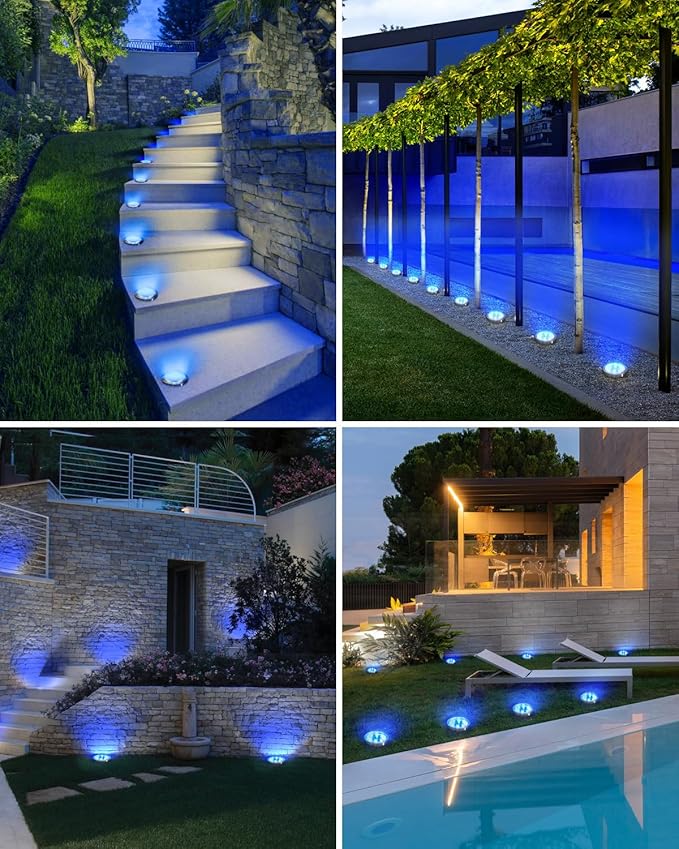btfarm 16 Pack Solar Lights Outdoor, 8 LED Solar Ground Lights IP65 Waterproof Flat Solar Disc Light, Pathway Lights for Garden Lawn Patio Yard Path Landscape, Blue