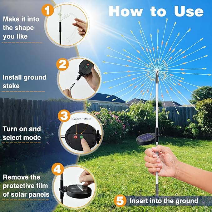 btfarm 1 Pack Solar Garden Lights Outdoor, 8 Modes Firework Lights Solar Powered, Waterproof Twinkle Fairy Light Outside for Yard Patio Pathway Pool Christmas Party Decorative, Multicolor