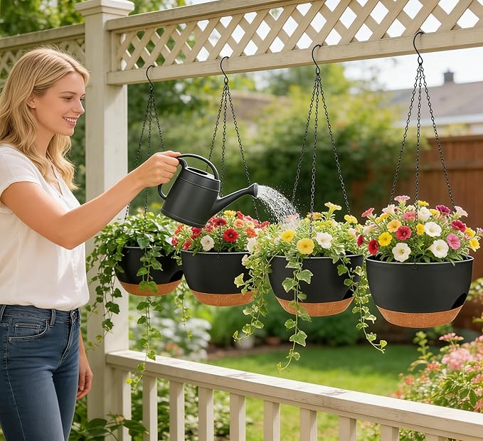 Set of 2-8 Inch Self Watering Hanging Planters for Indoor Outdoor，Hanging Plant Pots with Drainage & Removable Tray, Hanging Pots Holder for Ivy, Pothos, Ferns, Balcony & Patio, Black Brown