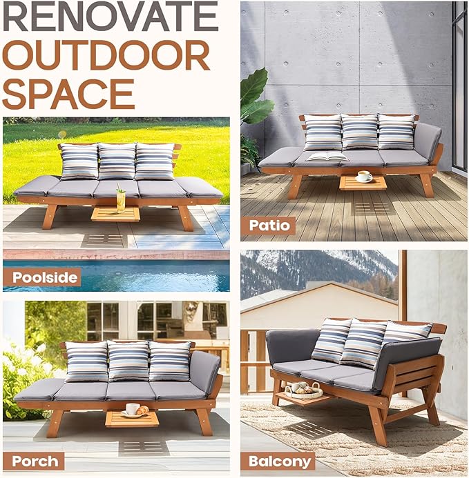 IDZO Amelie Eucalyptus Convertible Outdoor Sofa, 750lbs Capacity Patio Couch with Folding Armrest & Coffee Tray, FSC Certified Wood Furniture Set with 3 Pillows, High Static Load - Gray