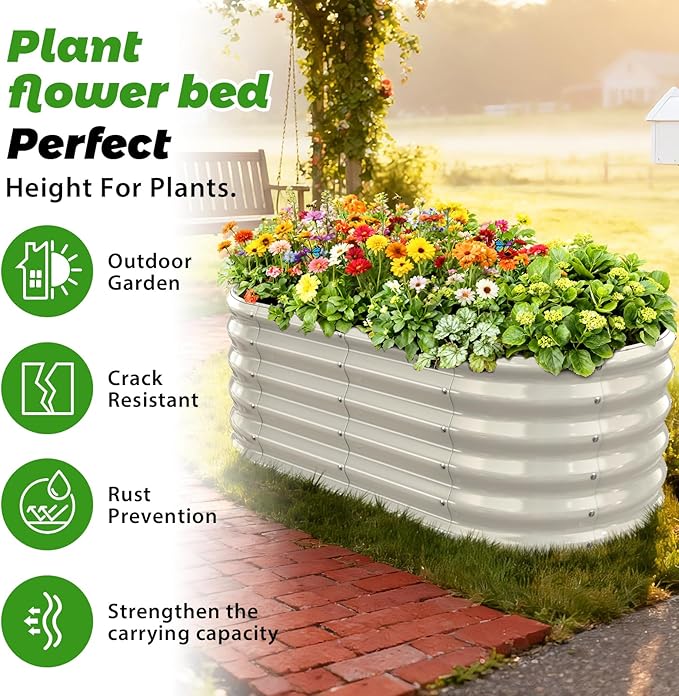 17" Tall Outdoor Garden Raised Garden Bed Kits, 4ft X 2ft Oval,0.8MM Thick Metal Raised Planter Bed/Ground Planter Box for Variety of Flowers,Herbs,Vegetables (Cream White, 48X24X16.5 Inches)