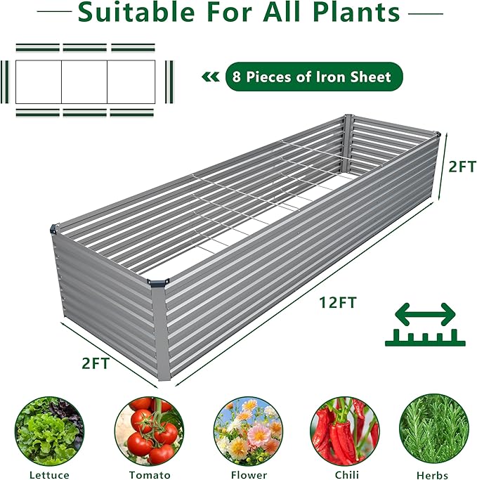 12x2x2FT Galvanized Raised Garden Bed Kit,Vegetable Plant Boxes-Rectangle Metal Flower Box,Large Planter Raised Beds Outdoor Garden for Planting,Fruit,Herb-Silver
