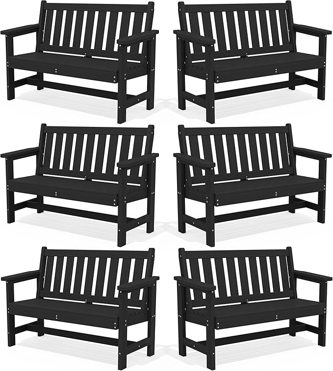 SERWALL Outdoor Bench, HDPE Outdoor Benches Weatherproof, 2-Person Garden Bench with 660 lbs Weight Capacity, Patio Benches for Outdoors, Garden, Porch, Backyard and Park, Black, 6 Pack