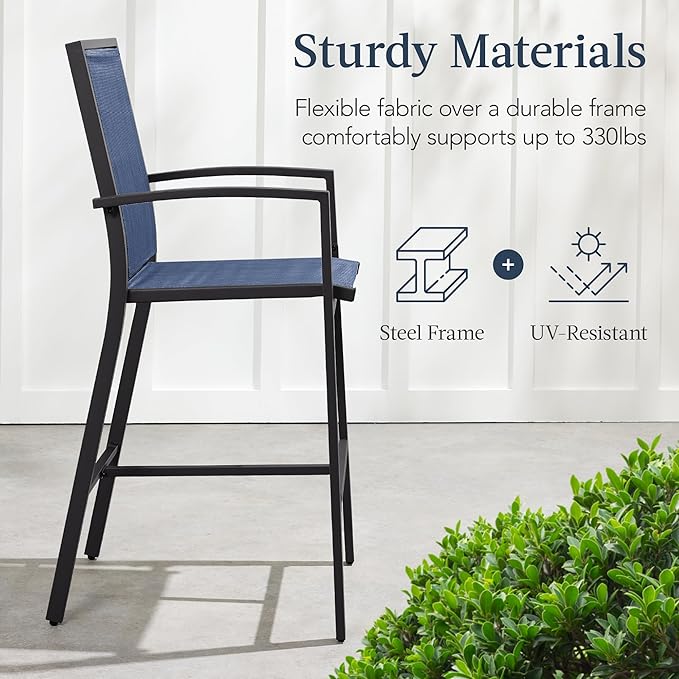 Best Choice Products Outdoor Bar Stools Set of 2, Bar Height, Patio Furniture, All Weather Mesh Design w/Armrest - Black/Navy