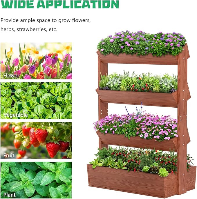 DoCred Vertical Wooden Raised Garden Bed, 4 Tier Garden Planters Freestanding Wood Plant Stand Flower Rack Wooden Planter Box for Plants Herbs Flowers Vegetables Outdoor Indoor Gardening