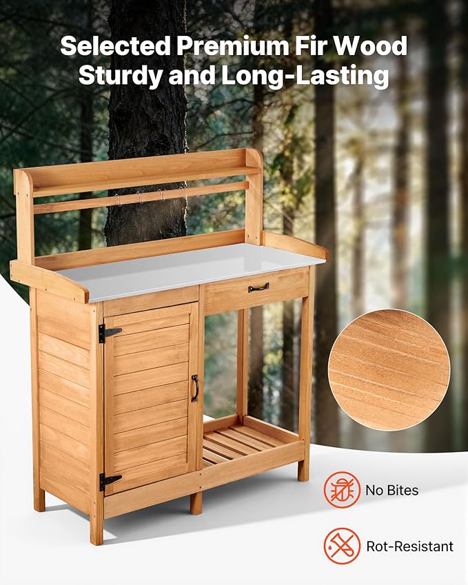 VEVOR Potting Bench Table, 3-in-1 Outdoor Gardening Wooden Workstation with 44 x 19 in Galvanized Iron Tabletop, Garden Work Station with Drawer, Storage Cabinet & Shelves, Hooks for Patio, Backyard