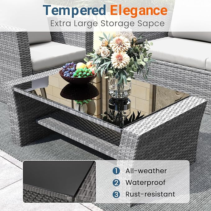 Wisteria Lane 5 Piece Patio Furniture Set, Wicker Outdoor Patio Conversation Furniture Set, All Weather Outdoor Patio Sofa with Cushion and Glass Table, Grey