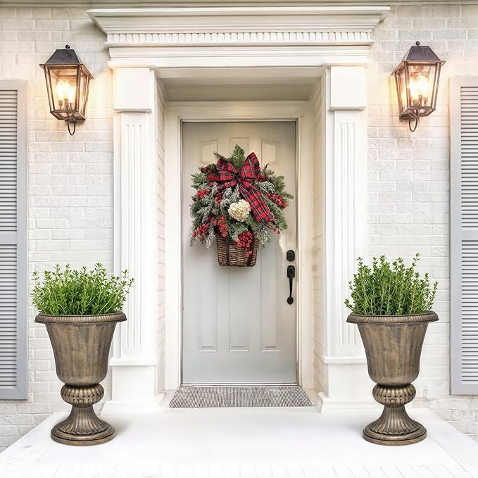 Magshion 20" Urn Planters for Outdoor Plants, Large Decorative Front Porch Planters Set of 2, Weatherproof Tall Plastic Flower Pots for Garden, Patio & Entryway Décor, Antique Brass