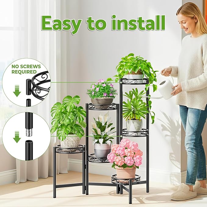 Plant Stand Indoor Outdoor, 6 Tier Metal Flower Shelf for Multiple Plants Corner Tall Floding Flower Holders for Patio Garden Living Room Balcony Bedroom - BlackCircle
