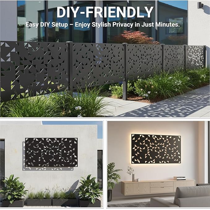Metal Privacy Screen Outdoor 6FT – Laser-Cut Geometric Mosaic Decorative Steel Panel, Weather-Resistant Freestanding Rustproof Privacy Wall Divider for Patio, Garden, Deck & Balcony