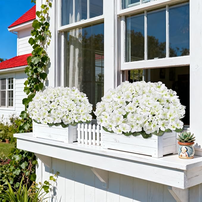Artificial Geranium Flowers for Outdoors, 6 Bundles Realistic Silk Fake Geranium, No Fade Faux Plants for Hanging Baskets, Window Boxes, Pots - Porch, Patio, Balcony Decor(White)