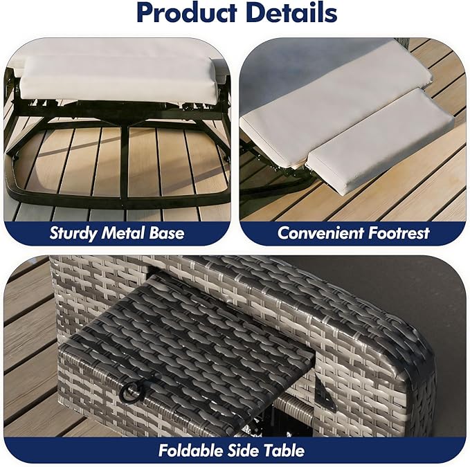 Outdoor Recliner Chair, Wicker Patio Recliners with Adjustable Backrest and Extended Foot Rest, Reclining Patio Chairs with Flip Table & Removable Cushion Cover for Porch