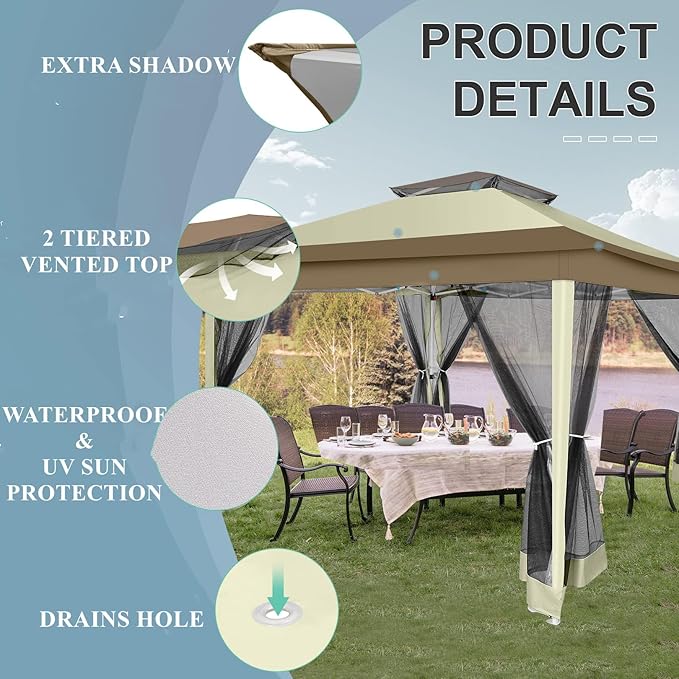 COBIZI 12x12 Pop up Gazebo on Clearance with Mosquito Netting & Sandbags, Outdoor Canopy Tent with 4 Ropes 8 Stakes & Portable Carrying Bag, Patio Portable Gazebo for Garden Backyard & Lawn, Beige