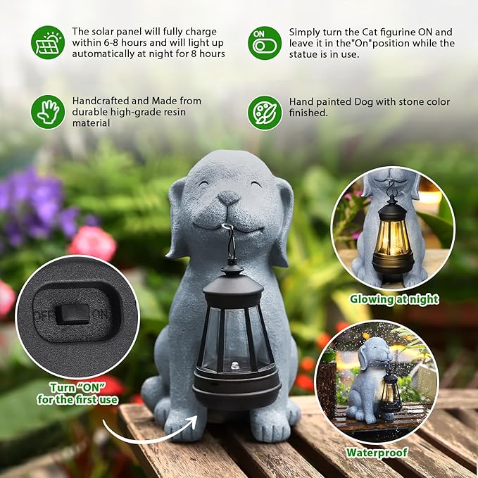 Solar Dog Garden Statue with Lantern, Outdoor Waterproof Dog Figurine Decor for Patio Yard Lawn, Birthday Garden Gifts for Women Mom Grandma, Housewarming Gift