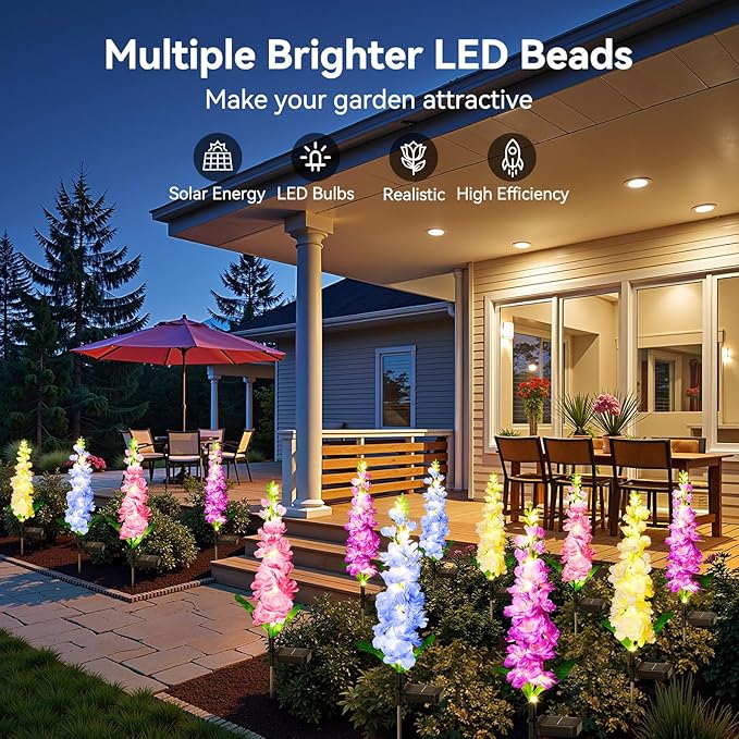 KOOPER Solar Lights Outdoor Garden Decor, 8 Pack Upgraded Delphinium Solar Garden Lights with 72 LEDs, Vivid Flowers Outdoor Waterproof for Landscape Patio Yard Decor