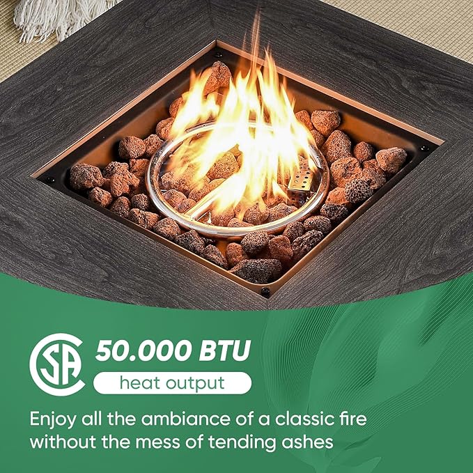 Belord 5 Pieces Wicker Patio Furniture Set: 4 Outdoor Swivel Glider Rocker Patio Conversation Set with 50000BTU Propane Fire Pit Table, All Weather Grey Rattan Anti-Rust Frame, Brown Cushion