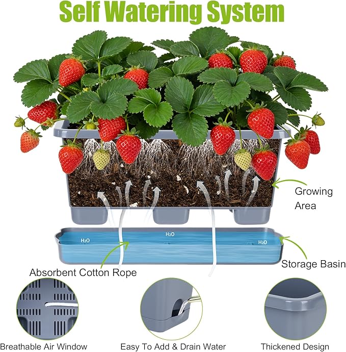 Window Box Planter 6 Packs, 13.8 Inches Rectangle Flower Pots with Drainage Holes & Trays, Pots for Vegetables, Herbs, Flowers, Garden Windowsill Balcony (Grey)