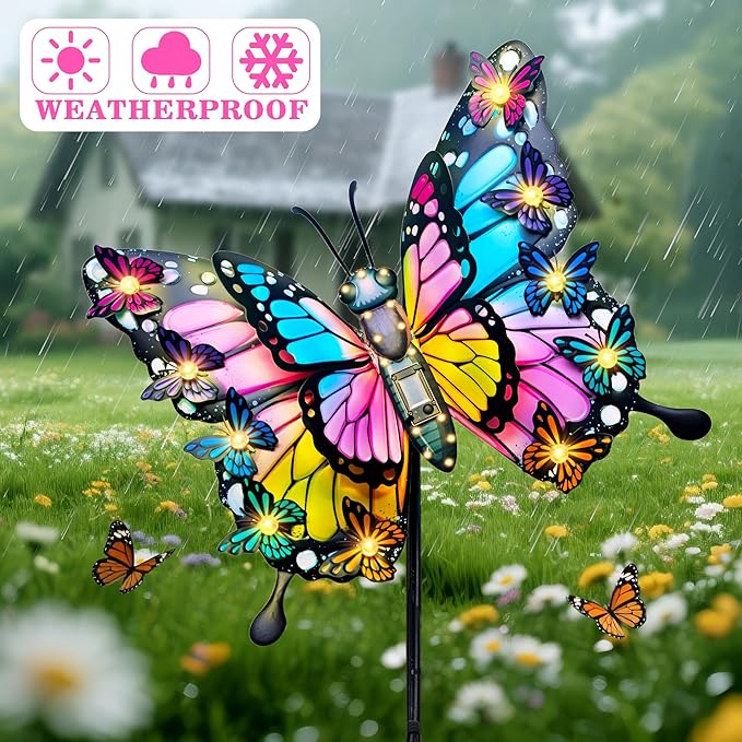 Hexagram Butterfly Garden Decor, Butterfly Solar Lights for Outside, Metal Decorative Large 42.3" Yard Stakes, Solar Outdoor Decorations for Lawn Porch Pathway, Birthday Gardening Gifts for Mom Women