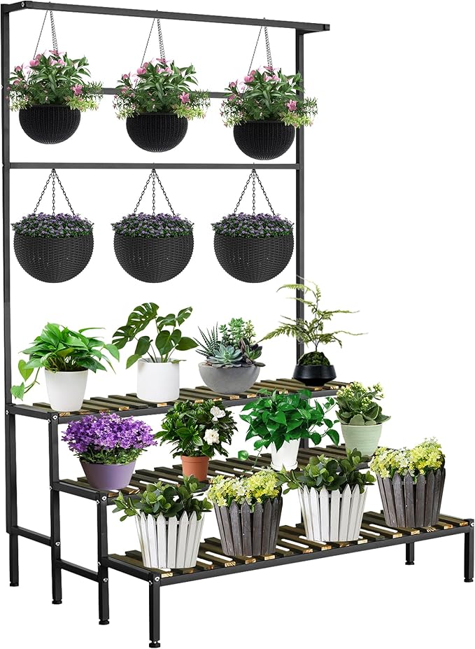 Large Plant Stand Indoor Outdoor, 3 Tier Heavy Duty Hanging Plant Stand with Bar, 60 Inch Tall Metal & Wood Ladder Shape Plant Shelf, Black Plant Display Rack Plant Shelves for Garden Patio Balcony