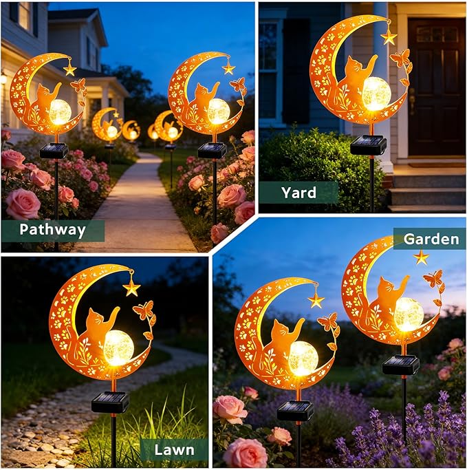 ZNYCYE Solar Lights Outdoor Decorative Moon Cat Butterfly Solar Stake Lights Birthday Gifts for Women mom Grandma, Garden Decor Waterproof for Walkway, Yard, Lawn, Patio (Warm White)