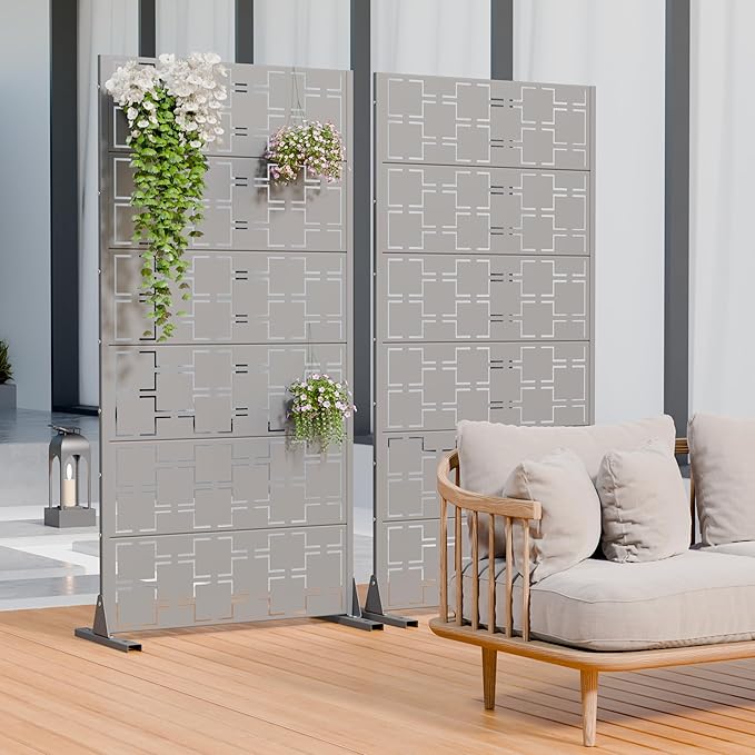 Casaphoria Metal Privacy Screen Outdoor, 60" H x 30" W Freestanding Decorative Privacy Screen for Patio Deck Balcony Garden with Stable Base, Grey-Square
